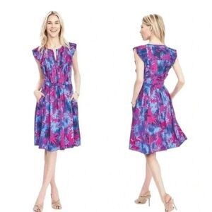 Banana Republic Pink and Purple Ruched Midi Sundress in Sz 4